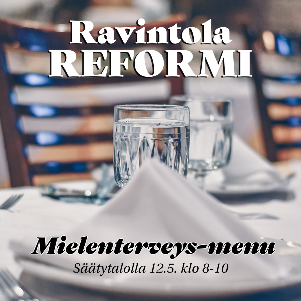 Kuvassa ravintolapöytä, jonka päälle taitettu teksti "Ravintola Reformi - Mielenterveysmenu"